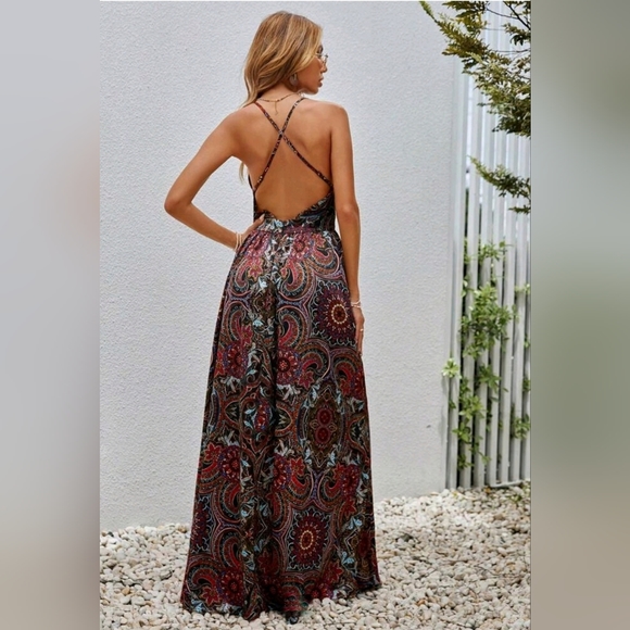 New Flowy Boho Scarf Print Maxi Dress Plunge V Neck Halter Long Red Blue Black - Picture 3 of 7